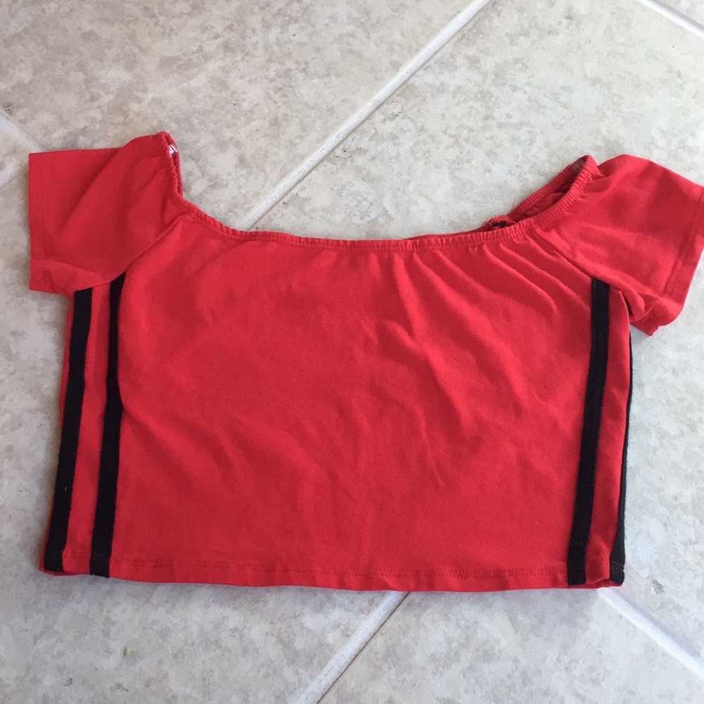 Tilly’s cropped, red off the shoulder striped top